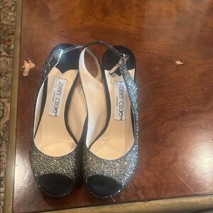 Jimmy Choo Silver Glitter Peep Toe Heels